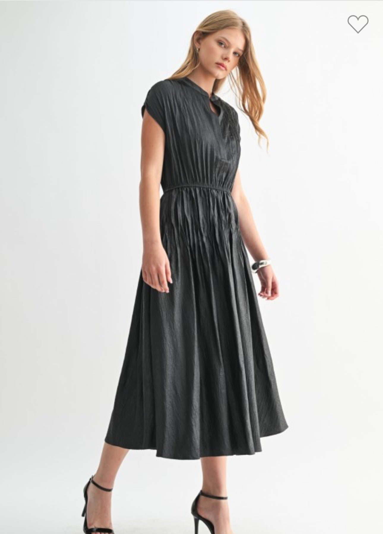 Texture Satin Pleat Drop Shoulder Midi Dress