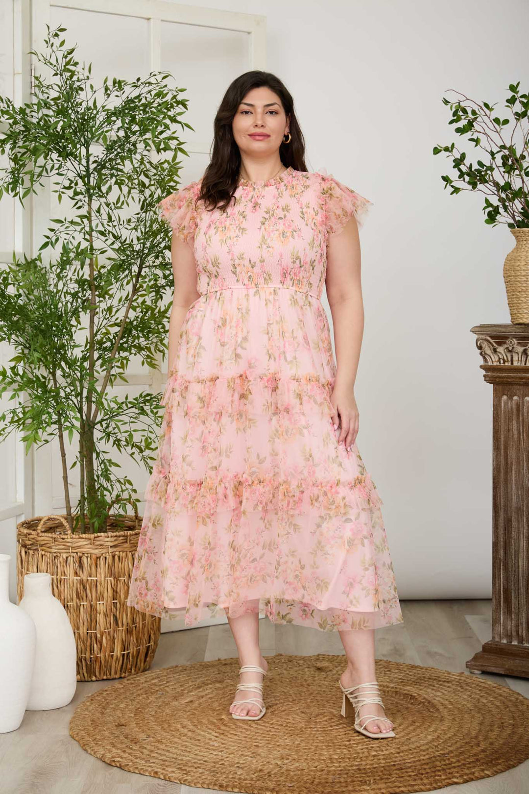 PLUS Size Blu Pepper FLORAL TULLE PATTERN SMOCKED MIDI DRESS