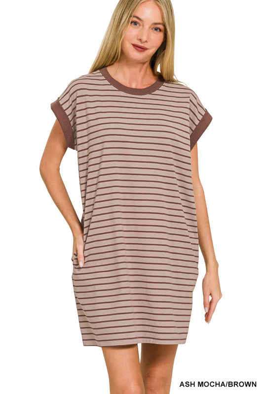 Zenana-STRIPED CONTRAST TRIM RIB BANDED T-SHIRTS DRESS