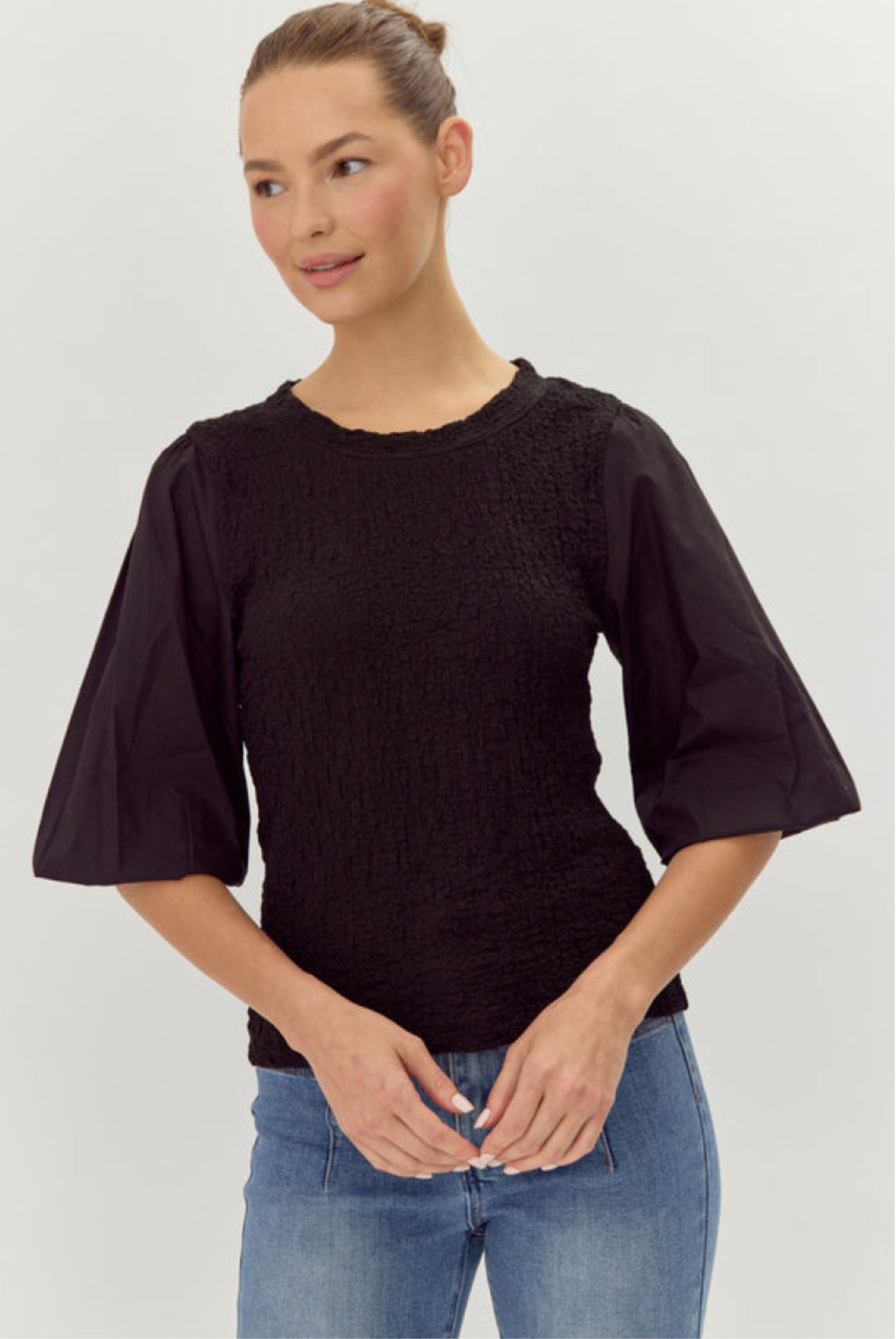 BB-Black Smocked Ruffle Cuff Top