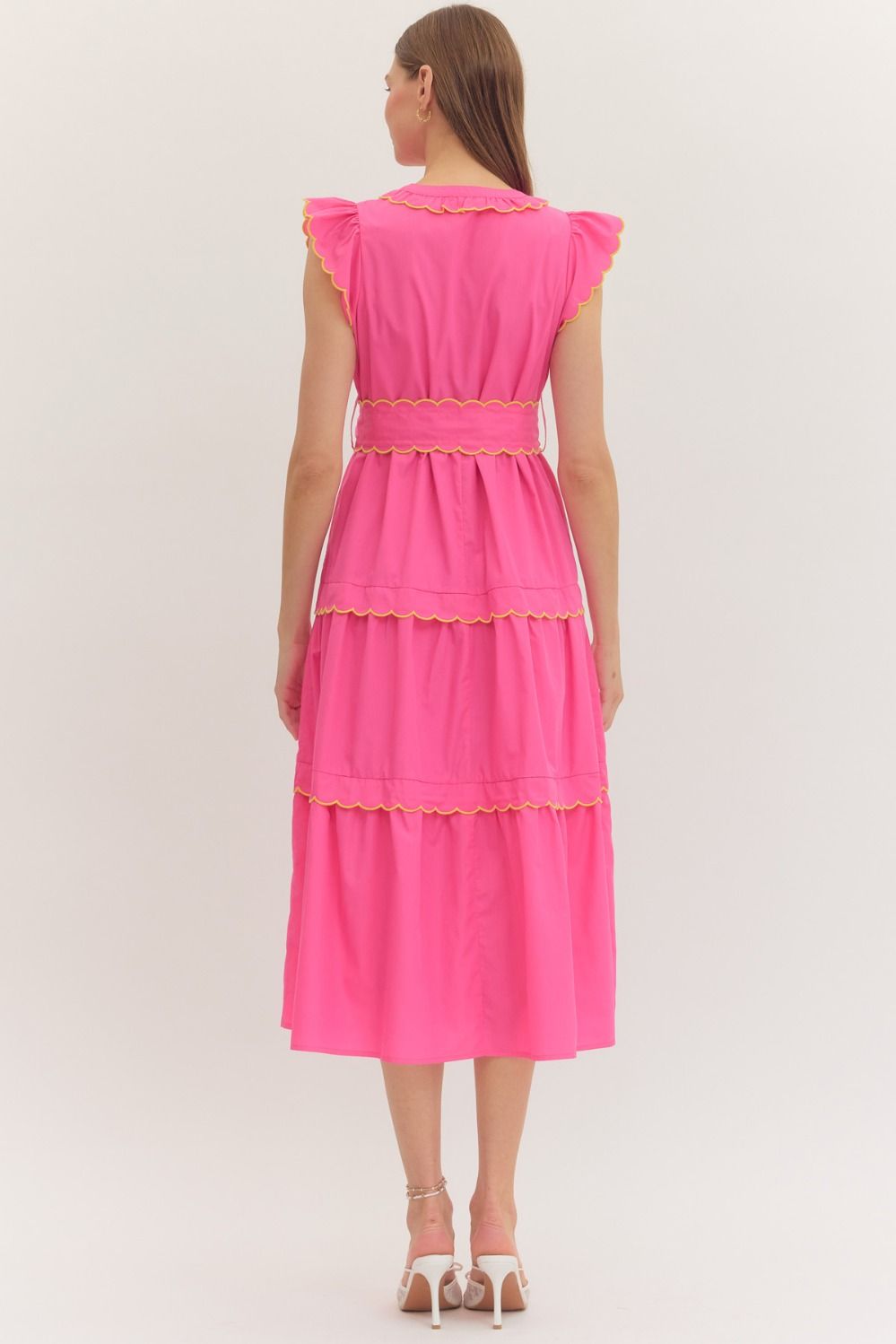 Solid scallop trim sleeveless midi dress.