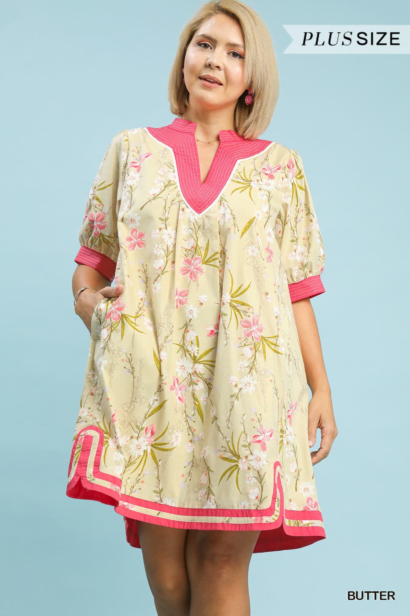 Plus Size Umgee Floral Puff Sleeve Dress with Contrast Trim