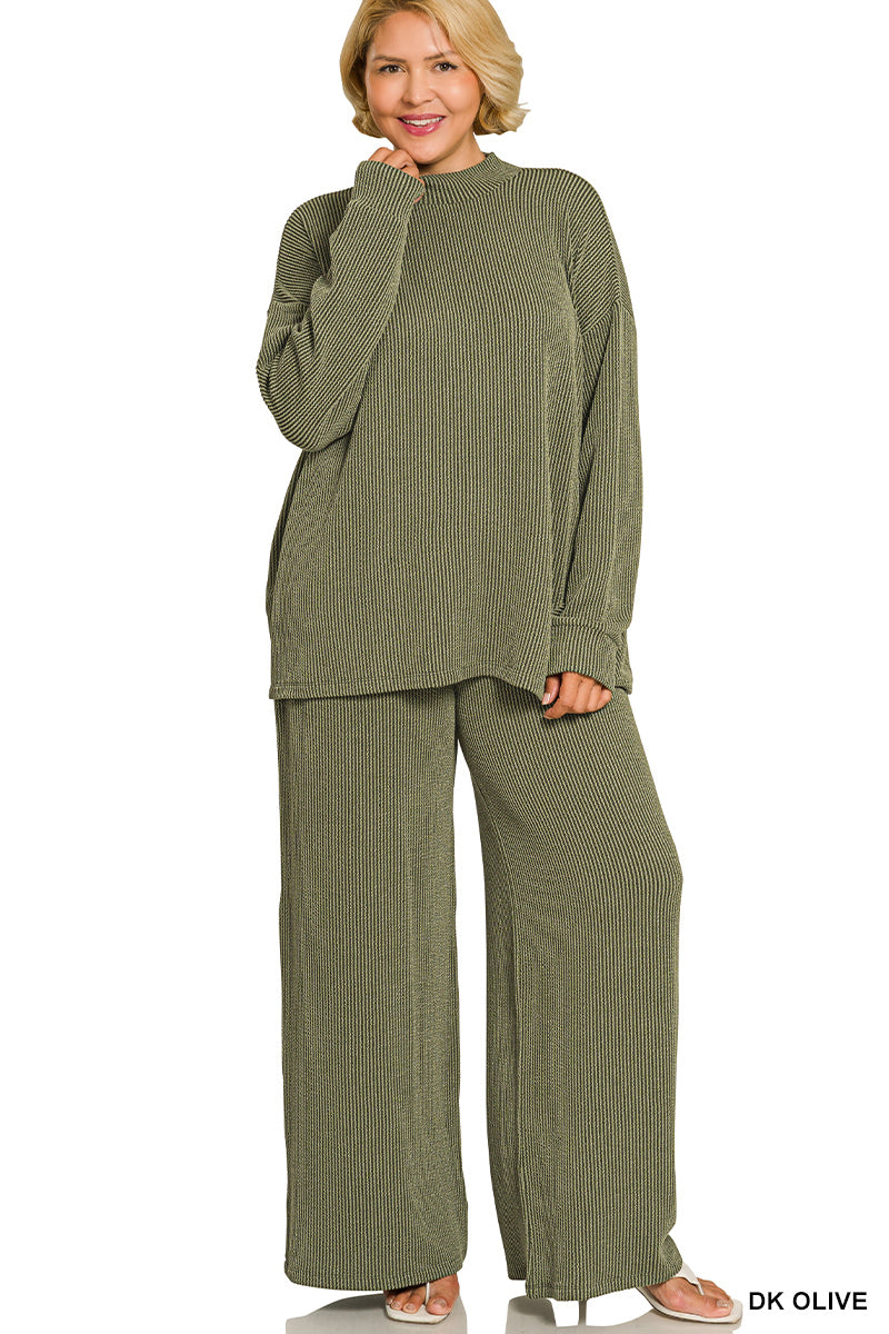 Zenana-PLUS RAISED RIB MOCK NECK LONG SLEEVE TEE & PANTS SET