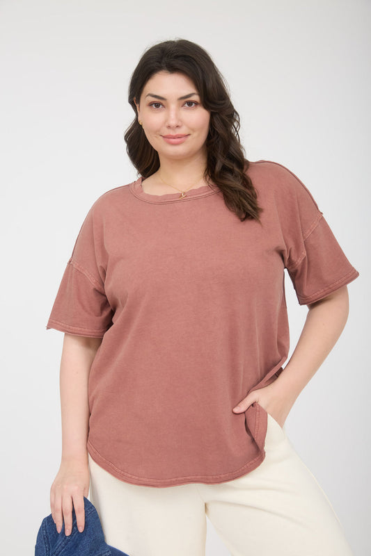 PLUS ROUND NECK SHORT SLEEVE EXPOSED SEAM KNIT TOP