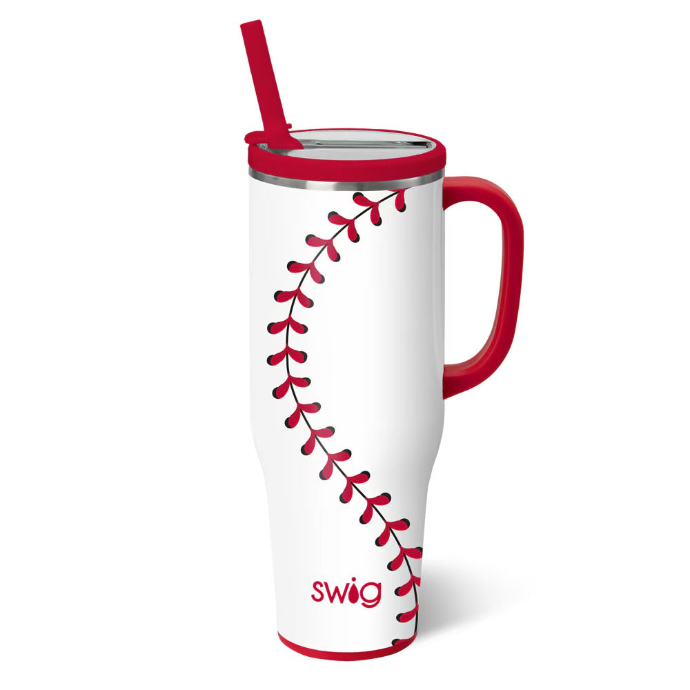 White mug with red handle and straw, featuring a baseball design and 'Swig' branding on a white background.