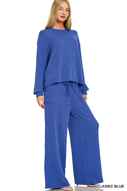 Zenana-Raised Rib pant set w/pockets
