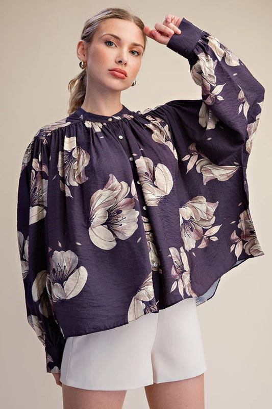 Glam-Floral Voluminous Button Down Blouse