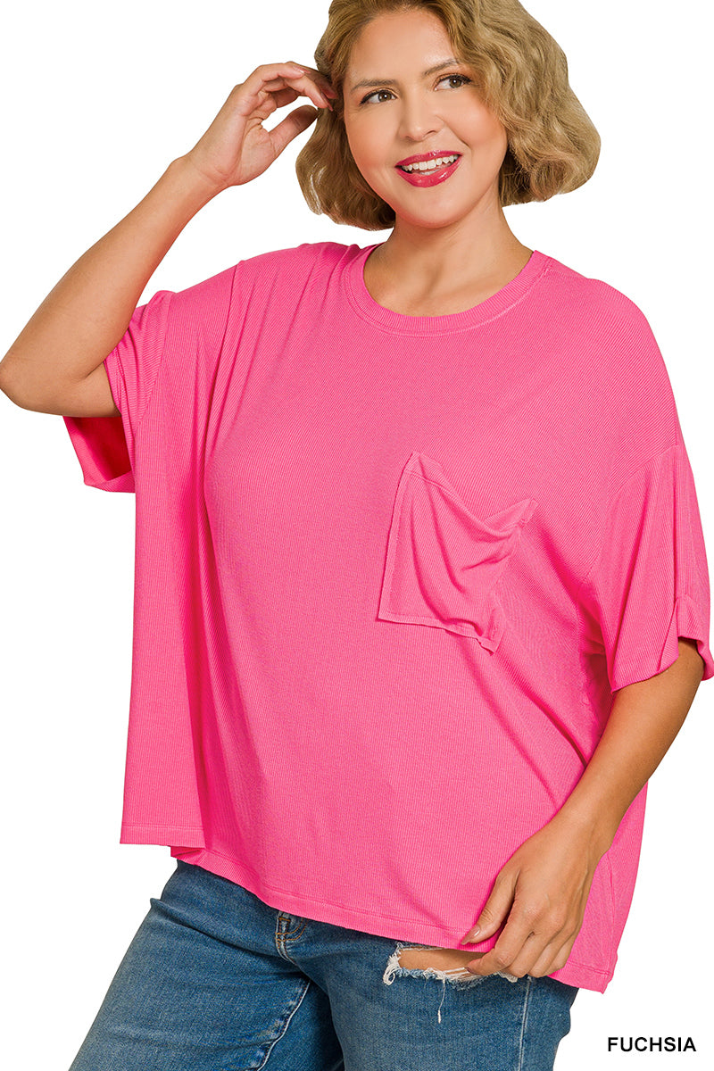 Zenana-PLUS OVERSIZED RIBBED ROUND NECK SHORT SLEEVE TEE