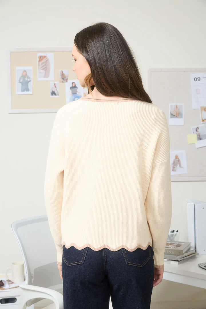 Contrast Scallop Trim Knit Pullover