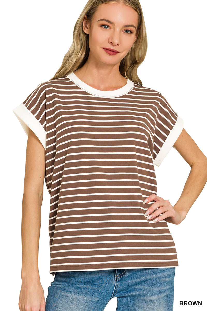 Brown • Contrast Trim Cap Sleeve Stripe Top