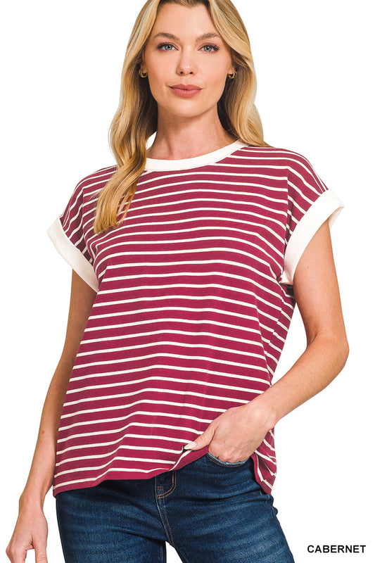 Cabernet • Contrast Trim Cap Sleeve Stripe Top