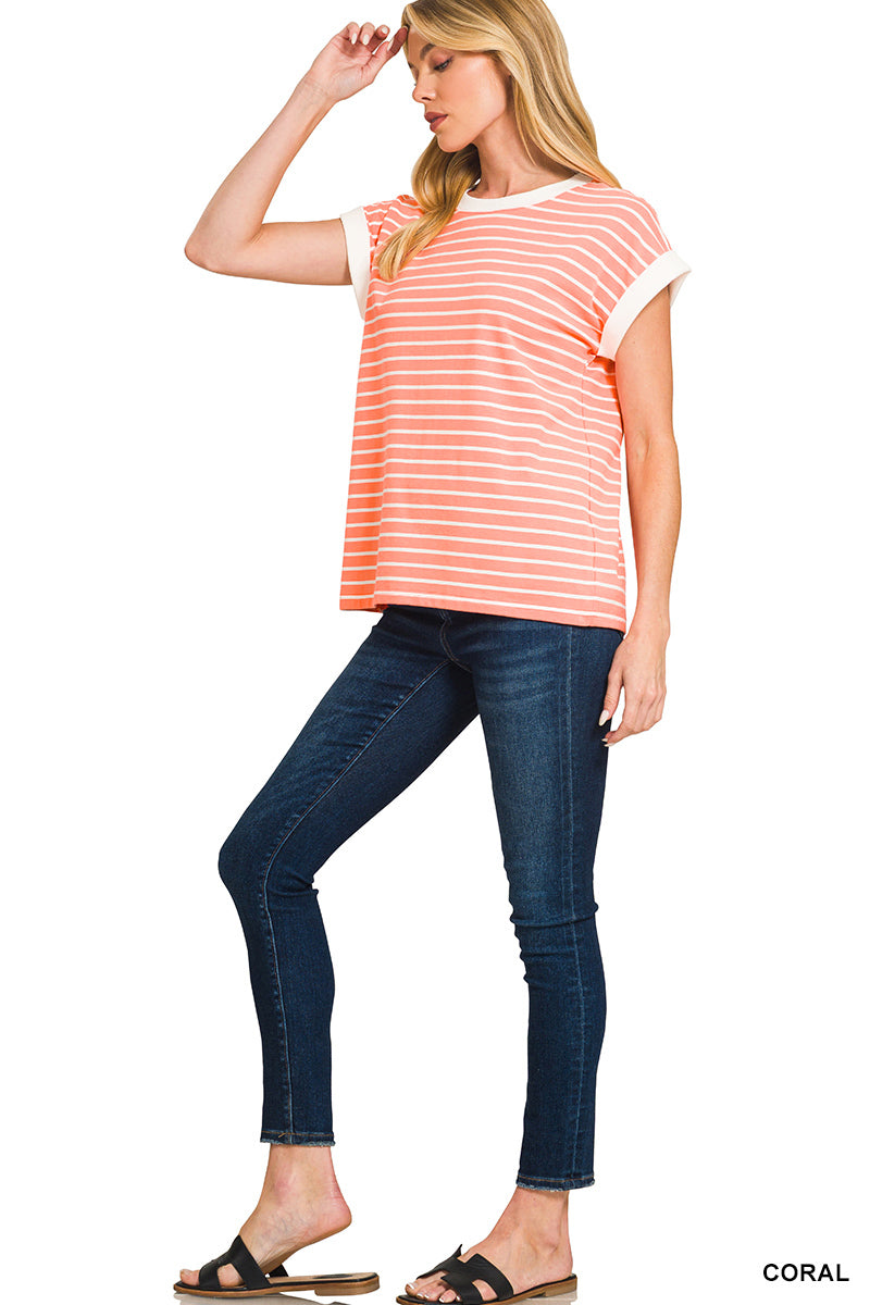 Coral • Contrast Trim Cap Sleeve Stripe Top