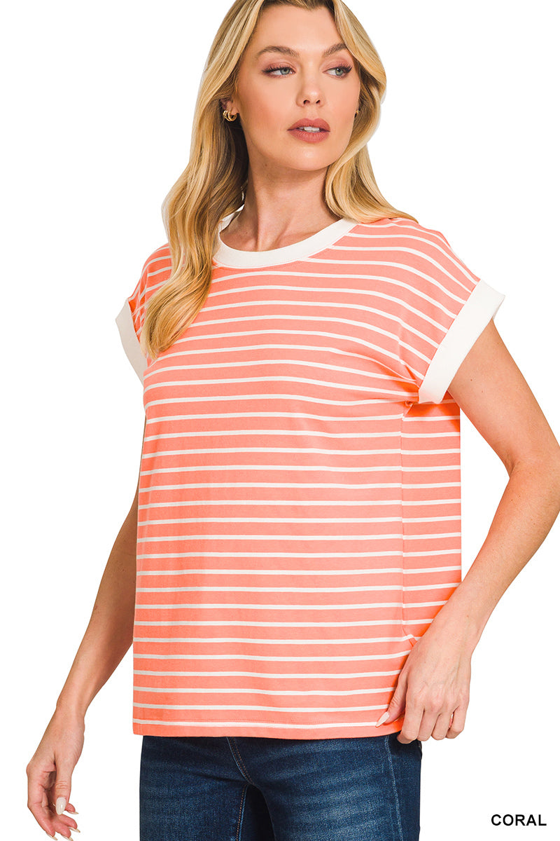 Coral • Contrast Trim Cap Sleeve Stripe Top