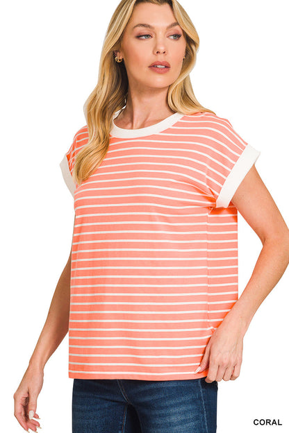 Coral • Contrast Trim Cap Sleeve Stripe Top