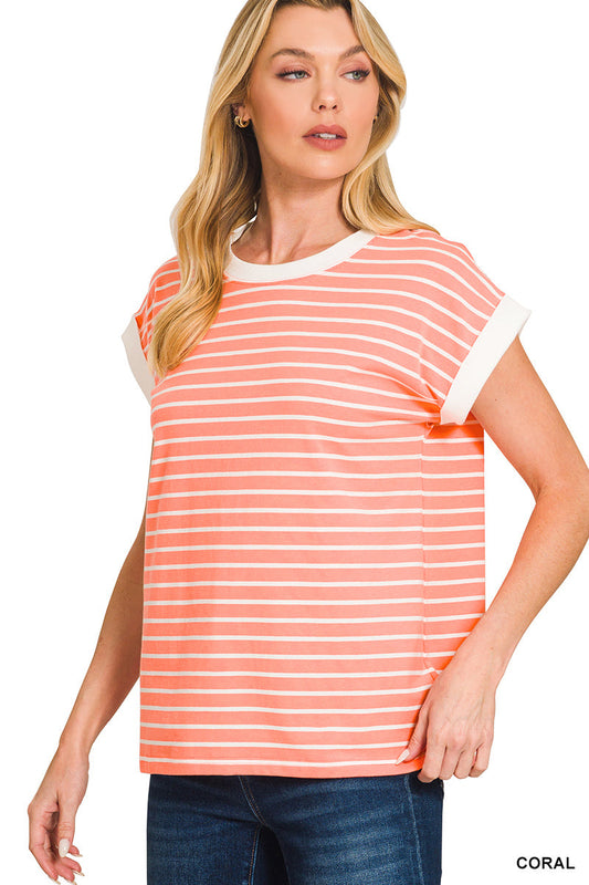 Coral • Contrast Trim Cap Sleeve Stripe Top