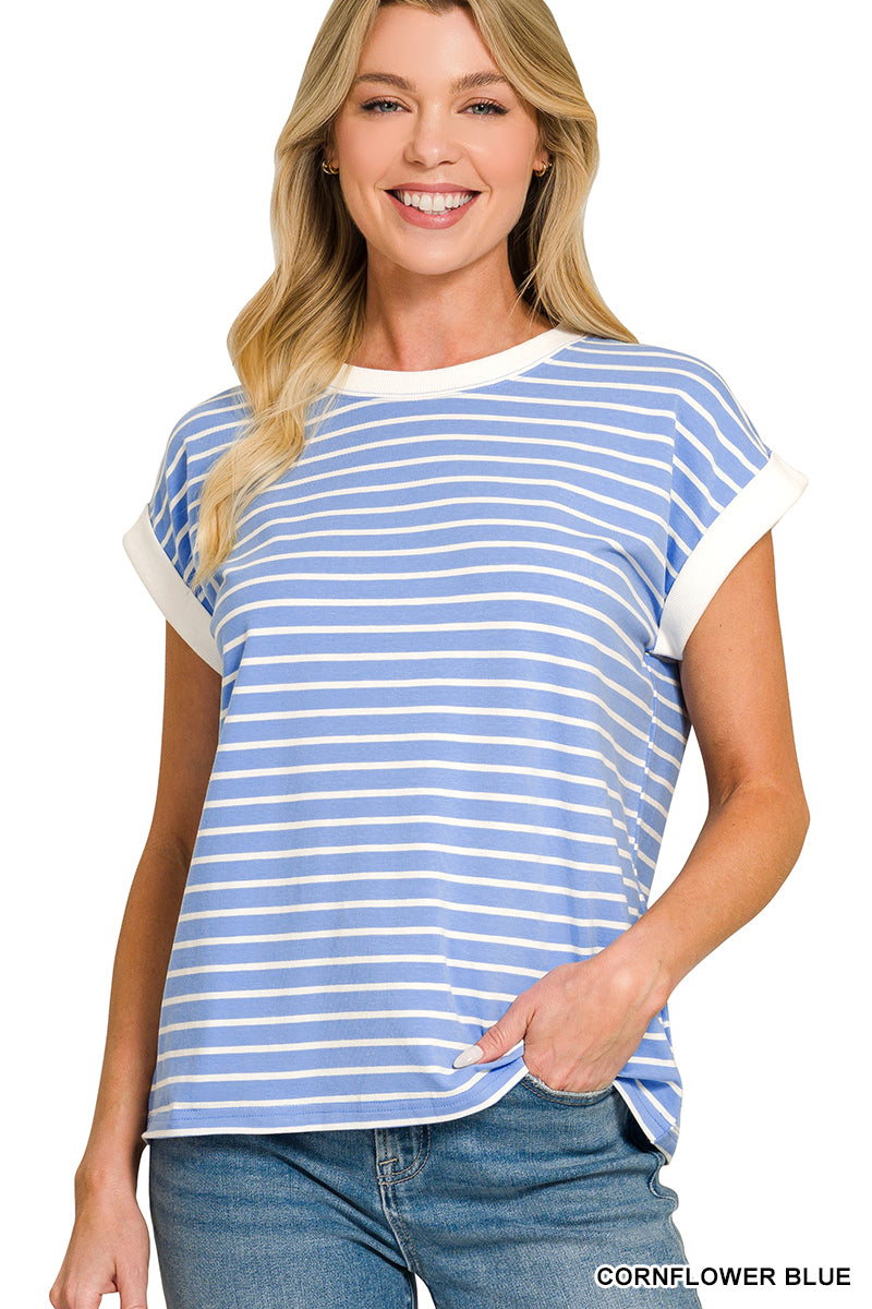 Cornflower Blue • Contrast Trim Cap Sleeve Stripe Top