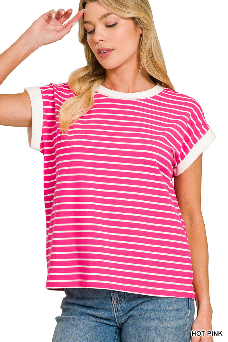 Hot Pink • Contrast Trim Cap Sleeve Stripe Top
