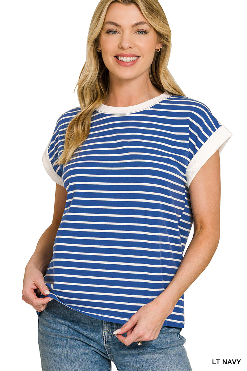 Lt Navy • Contrast Trim Cap Sleeve Stripe Top