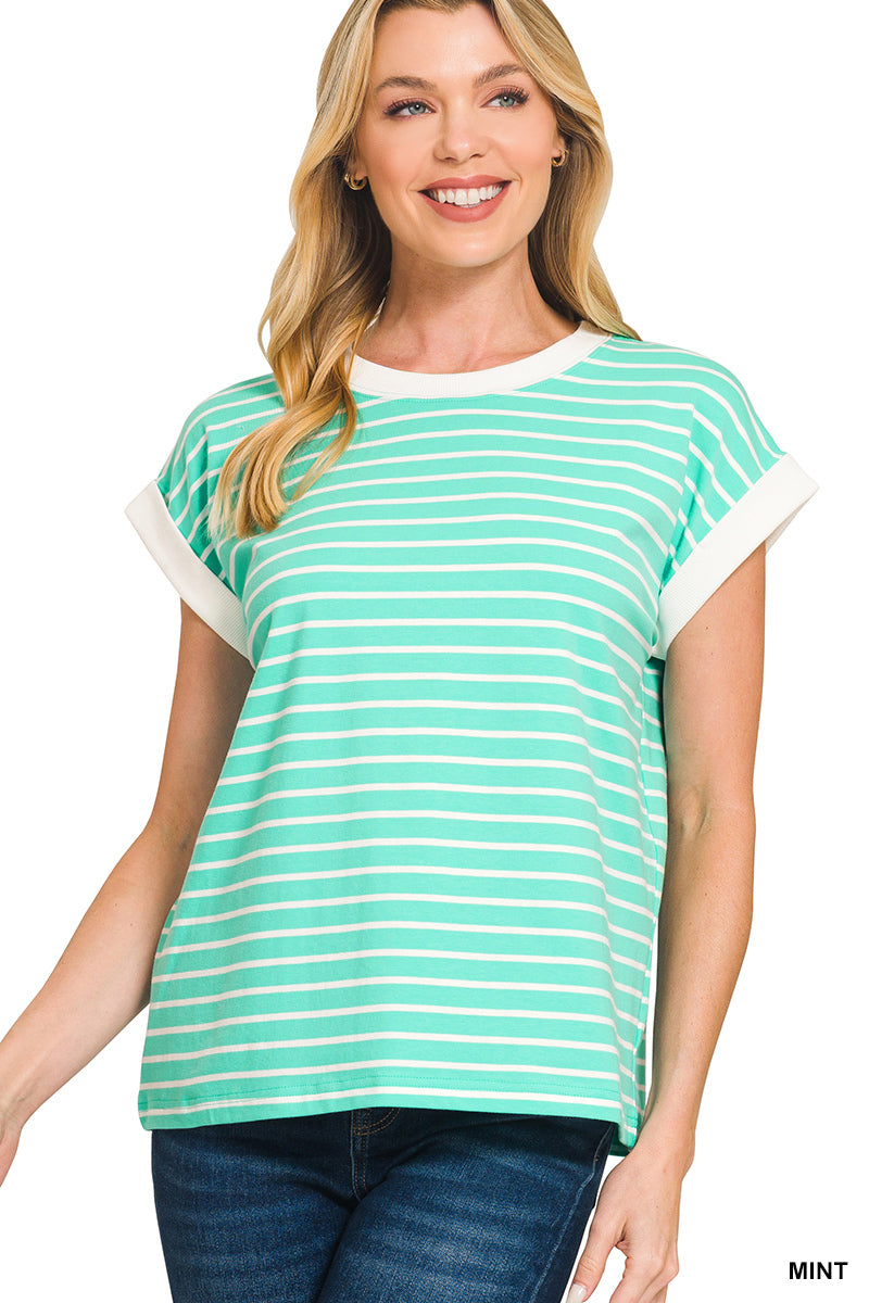 Mint • Contrast Trim Cap Sleeve Stripe Top