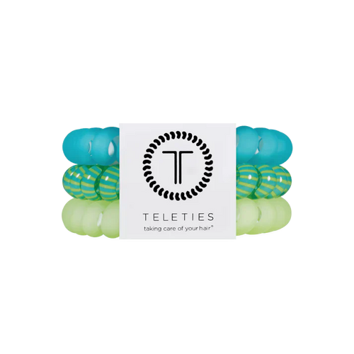 3 hairties in a set. One blue, one green, and one striped 