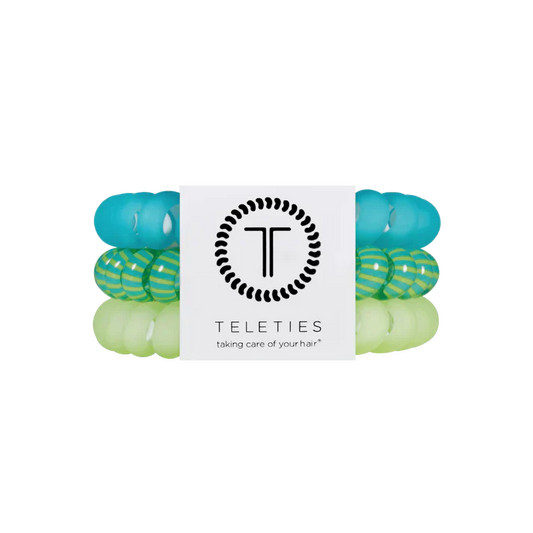3 hairties in a set. One blue, one green, and one striped 