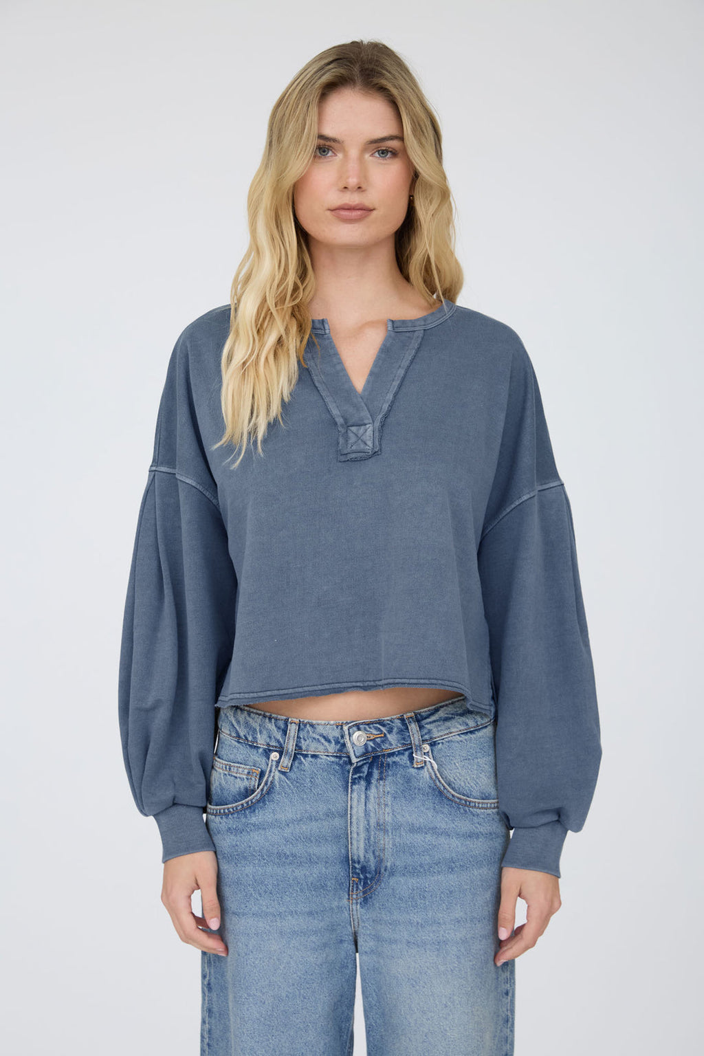 Blu Pepper-NOTCH NECK BOXY LONG SLEEVE KNIT CROP TOP