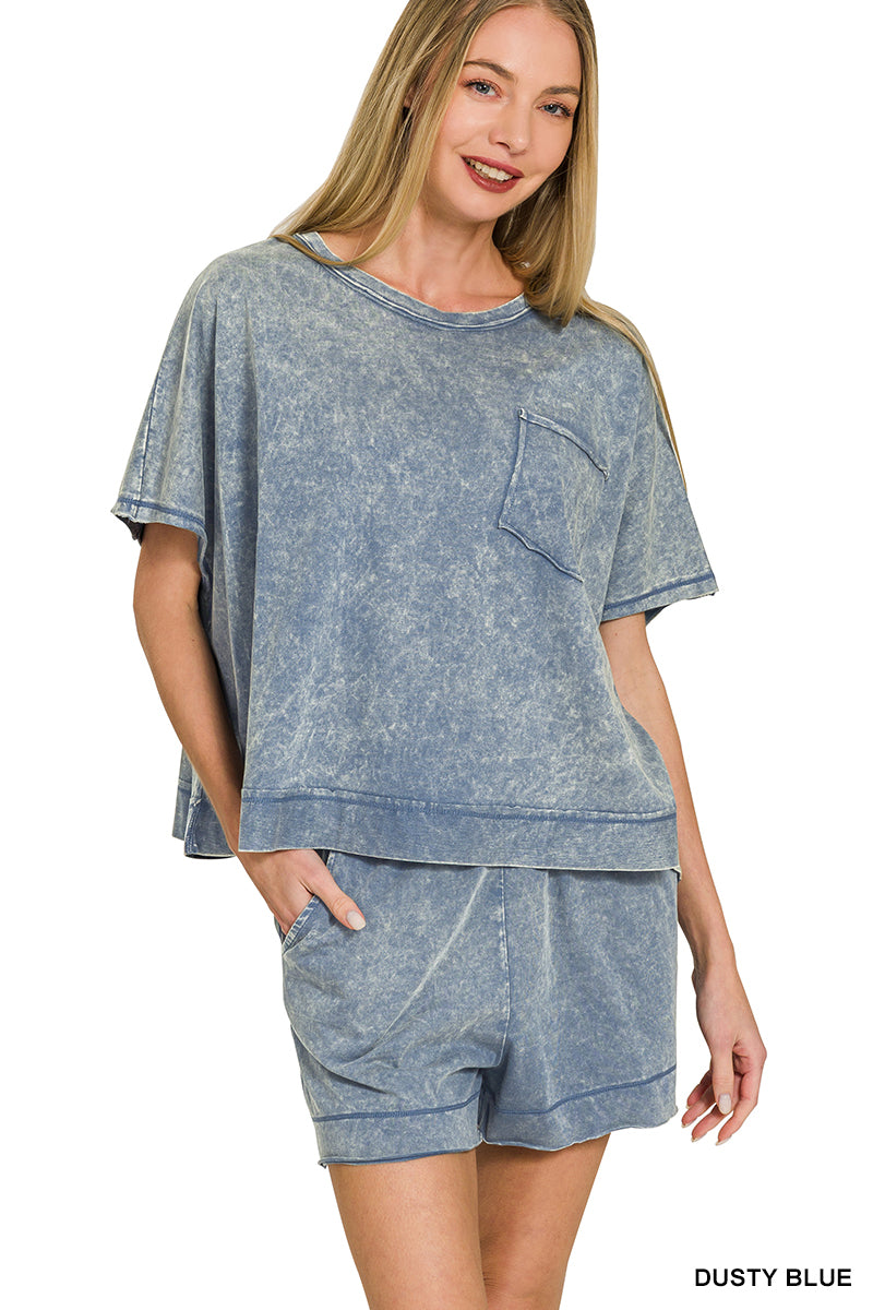 Zenana- ACID WASHED OVERSIZED TOP & SHORTS SET