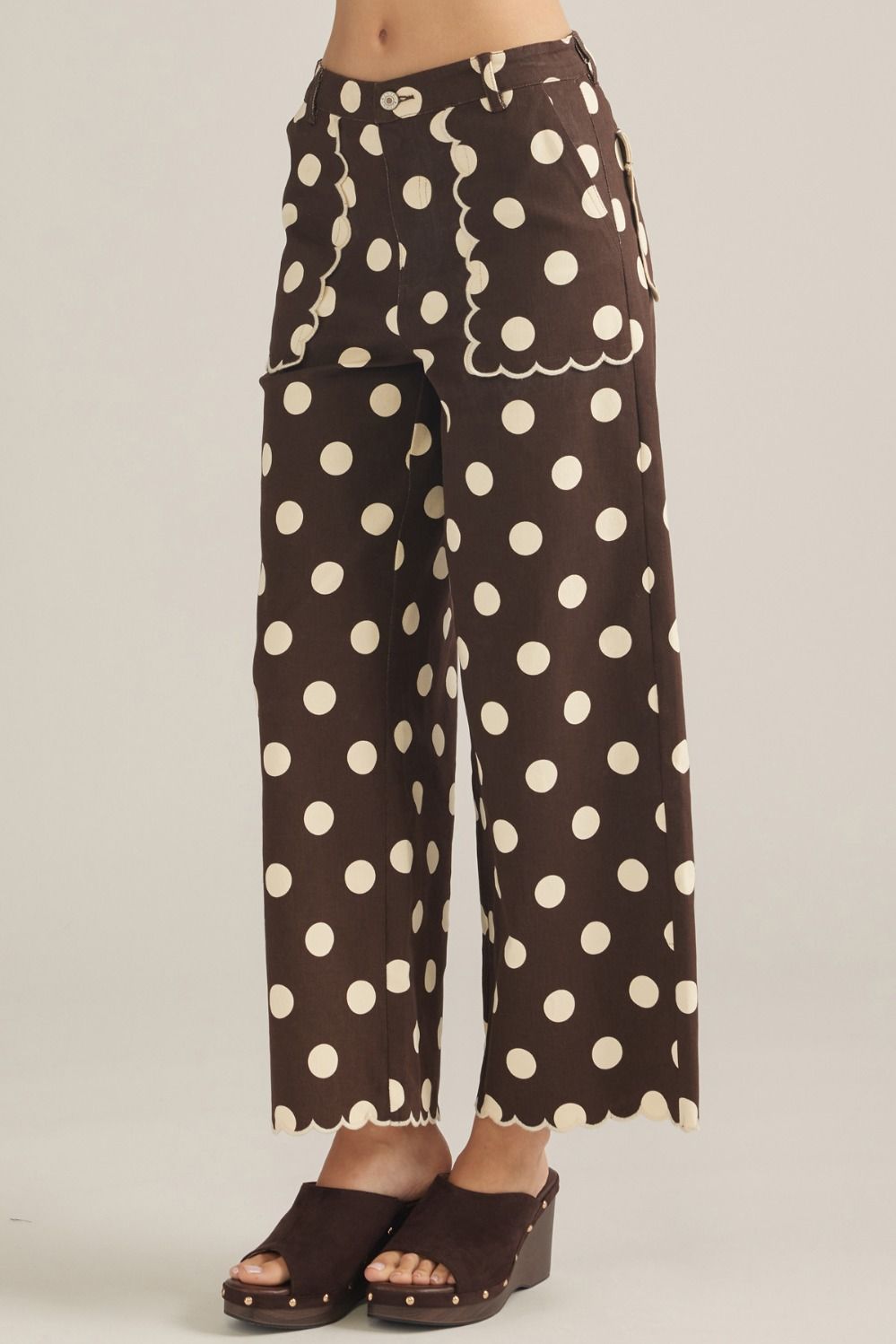 Entro-Polka dot wide leg pants featuring scallop trim.