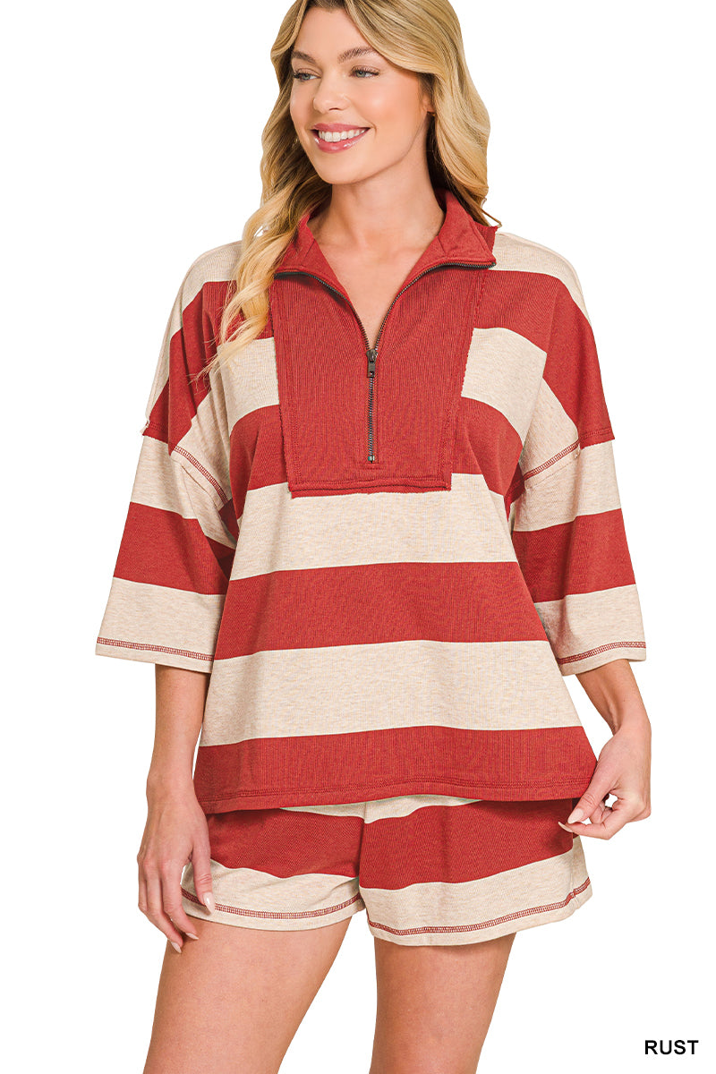 Zenana-TERRY STRIPED HALF ZIP HIGH NECK TOP & SHORTS SET