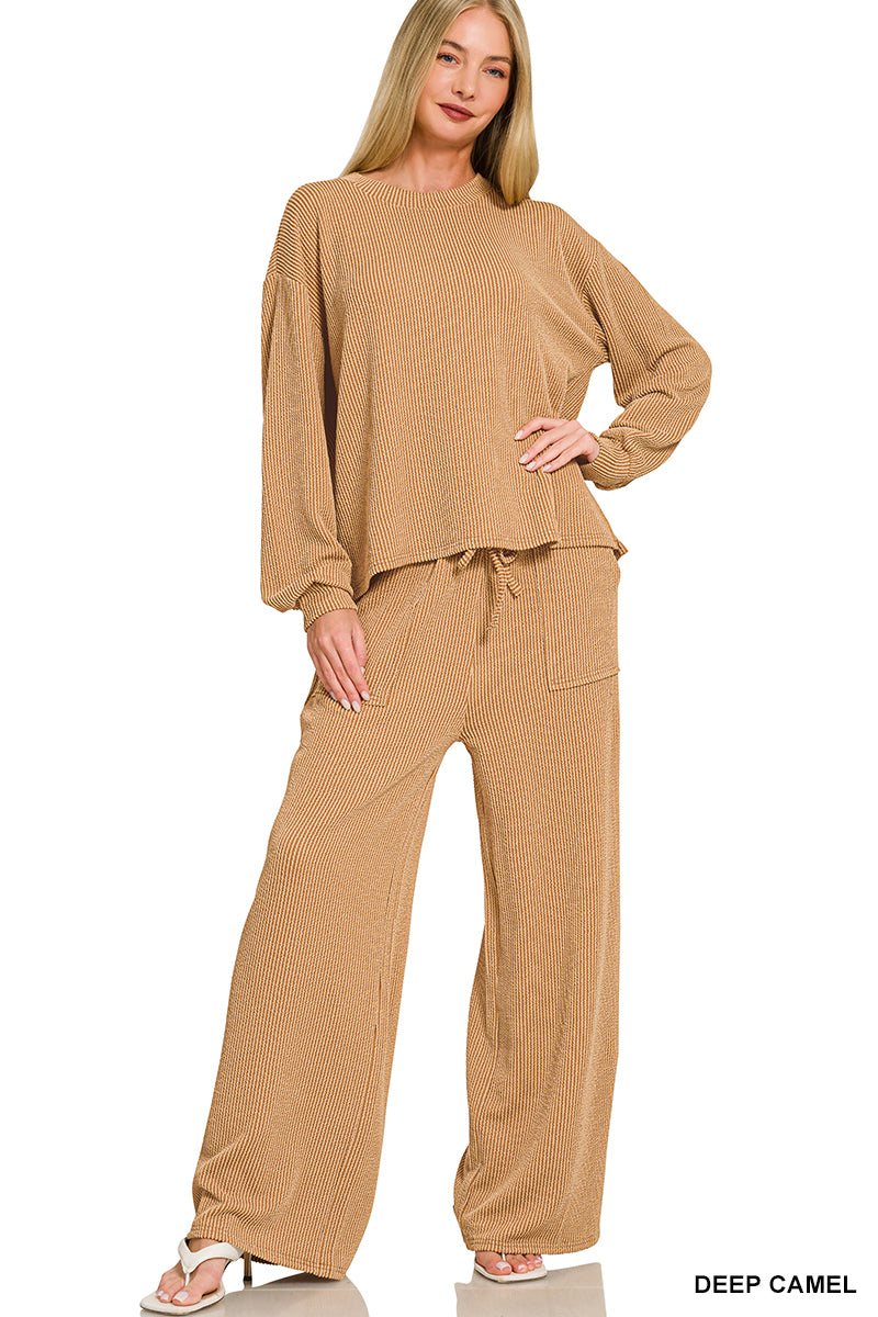 Zenana-Raised Rib pant set w/pockets