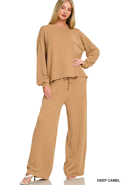Zenana-Raised Rib pant set w/pockets