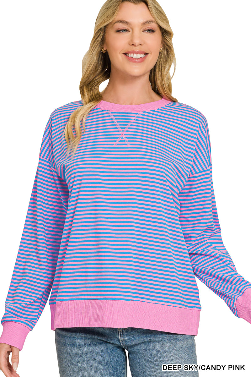 Zenana-STRIPED RIB BANDED PULLOVER