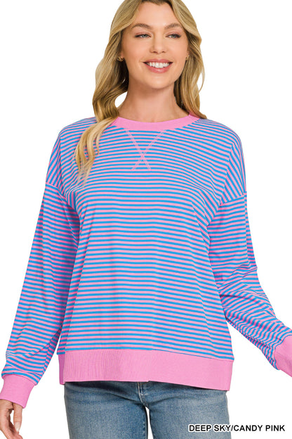 Zenana-STRIPED RIB BANDED PULLOVER