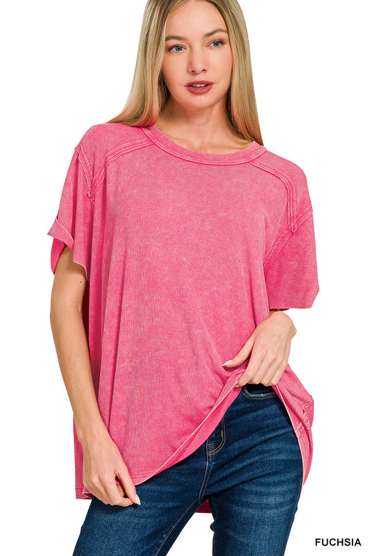 Fuchsia • Washed Ribbed Boat Neck Top