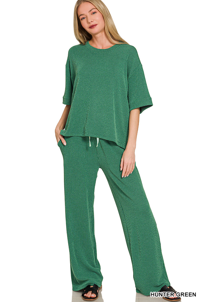 Zenana-RAISED RIB SHORT SLEEVE TEE & PANTS SET