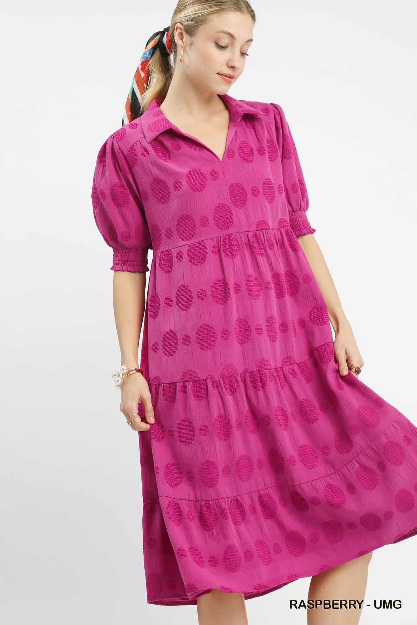 Umgee Dobby Dot Jacquard Tiered Maxi Dress