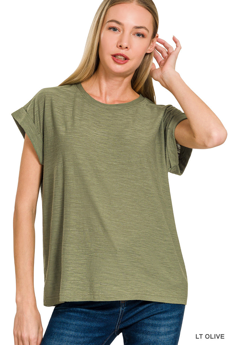 Zenana- SLUB CUFFED SLEEVE TEE