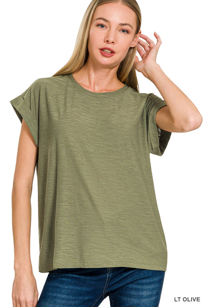 Zenana- SLUB CUFFED SLEEVE TEE