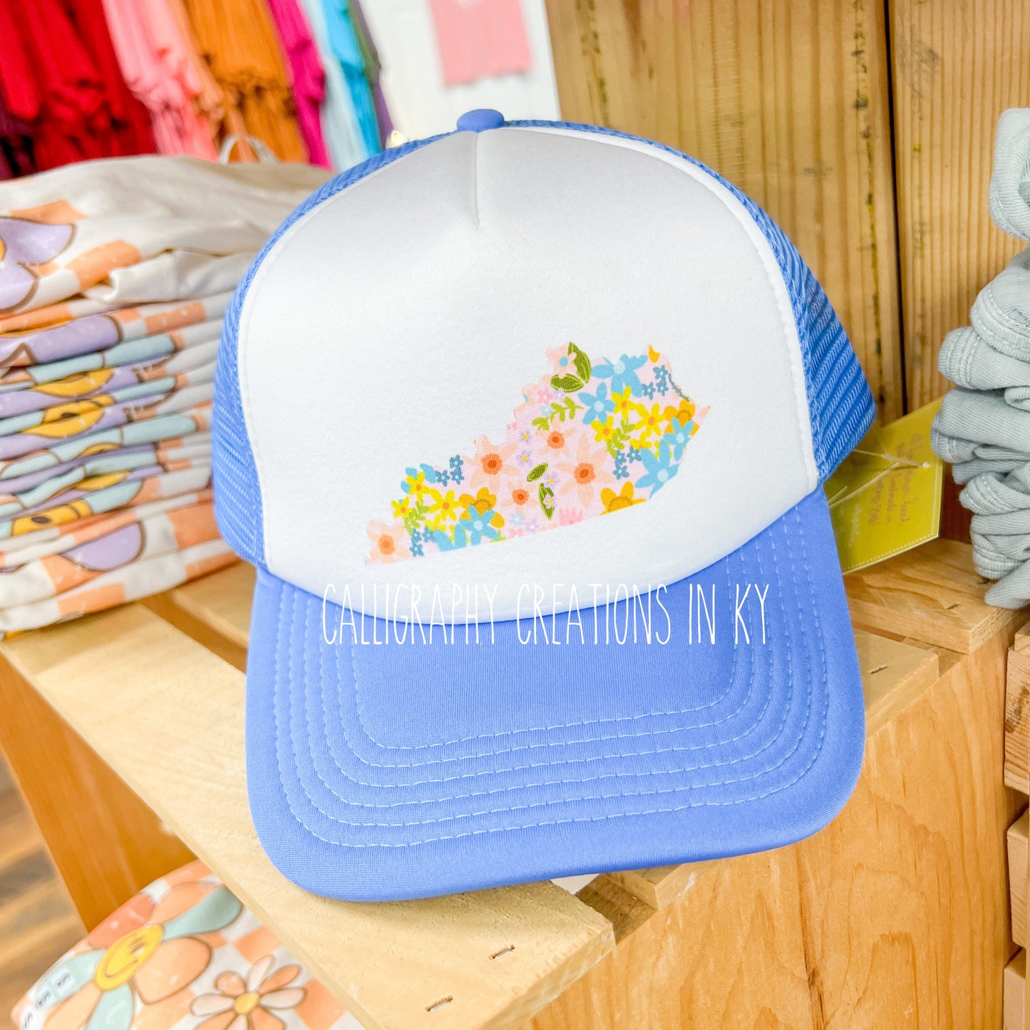 Blue Whimsy Floral KY Trucker Hat