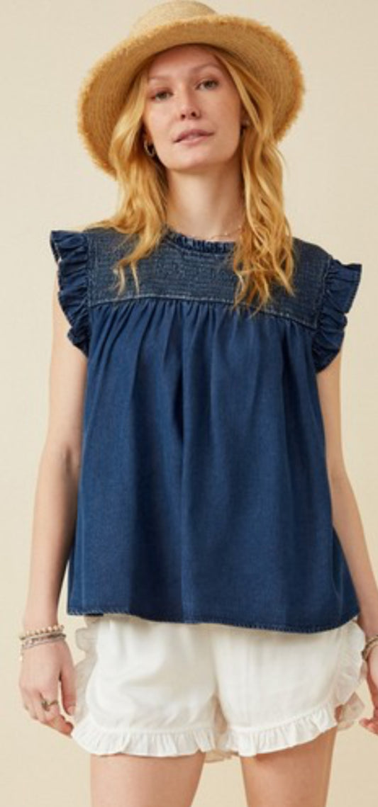 Women’s Washed Denim Smocked Tank