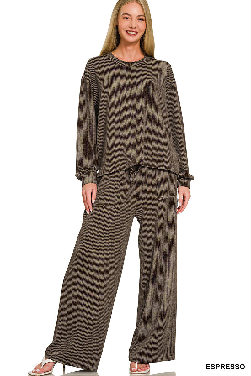 Zenana-Raised Rib pant set w/pockets