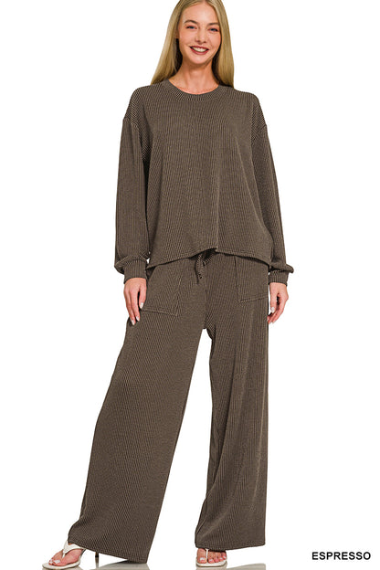 Zenana-Raised Rib pant set w/pockets