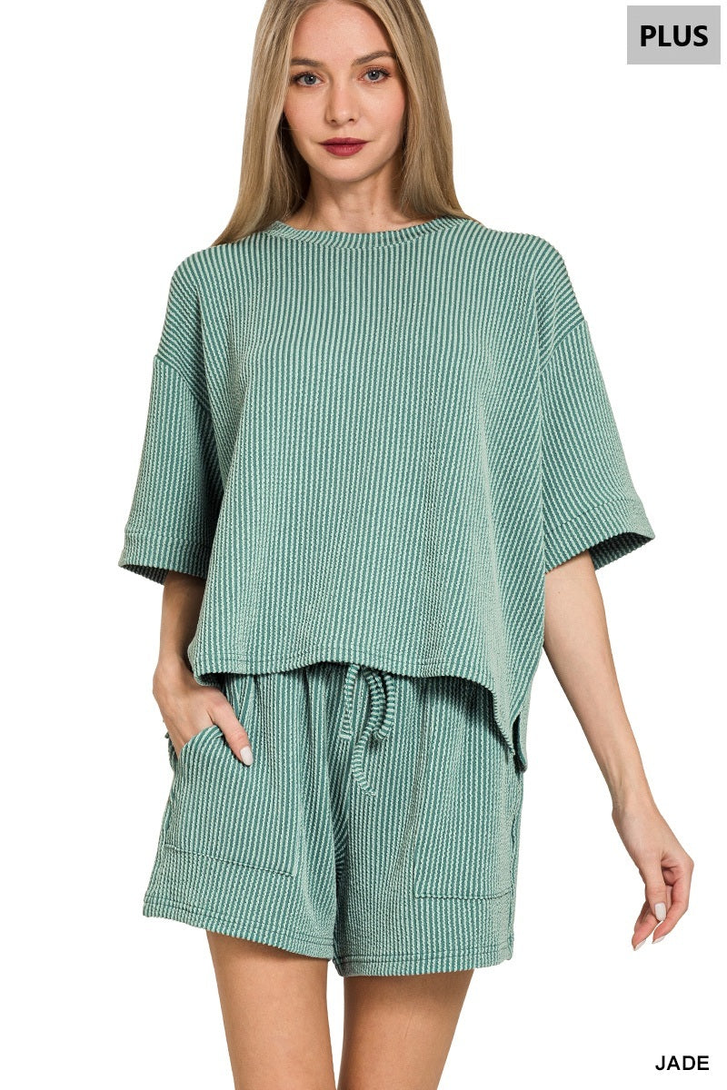 Zenana-PLUS RAISED RIB SHORT SLEEVE TEE & SHORT PANTS SET