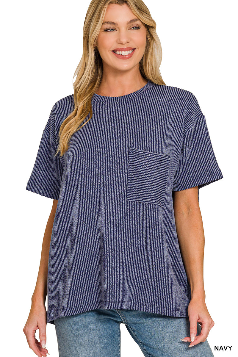 Zenana-RAISED RIB SHORT SLEEVE FRONT POCKET TOP