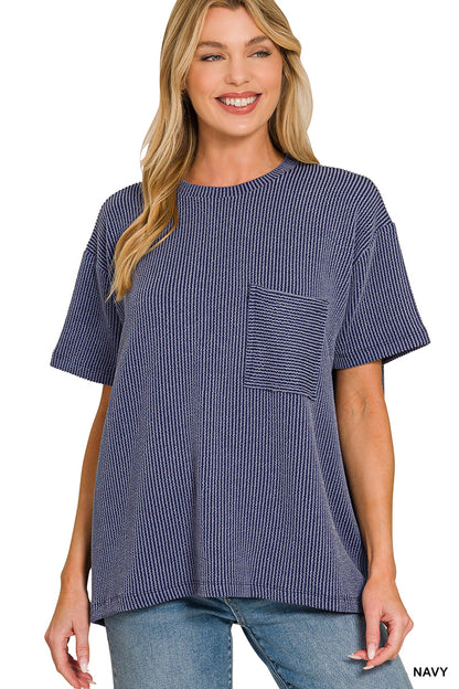 Zenana-RAISED RIB SHORT SLEEVE FRONT POCKET TOP