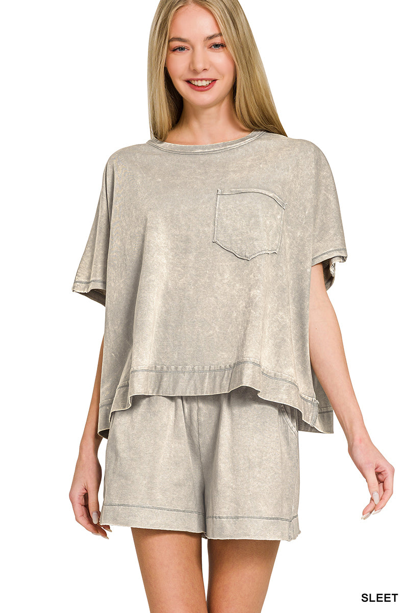 Zenana- ACID WASHED OVERSIZED TOP & SHORTS SET