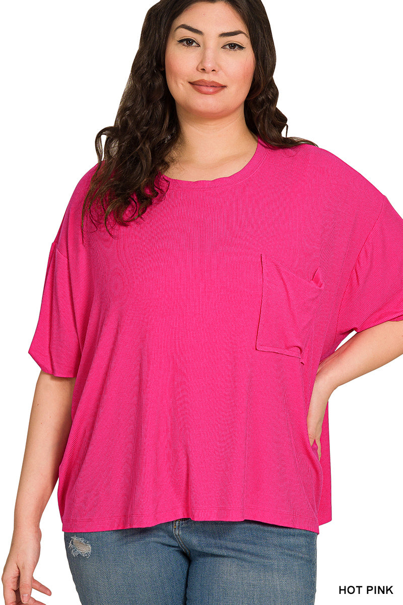 Zenana-PLUS OVERSIZED RIBBED ROUND NECK SHORT SLEEVE TEE