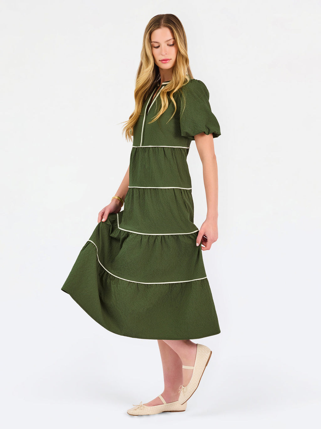 Mary Square-Kinsley Midi Dress | Olive Seersucker