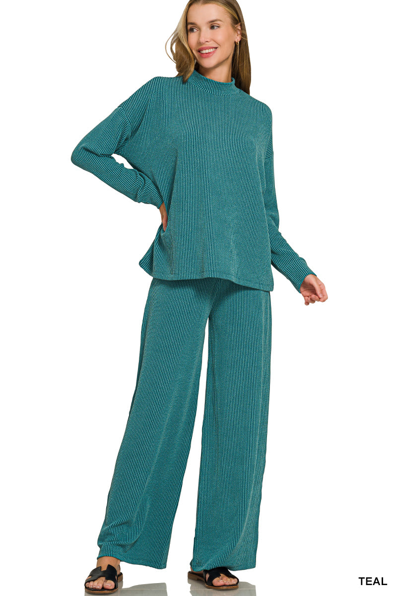 Zenana-RAISED RIB MOCK NECK LONG SLEEVE TEE & PANTS SET