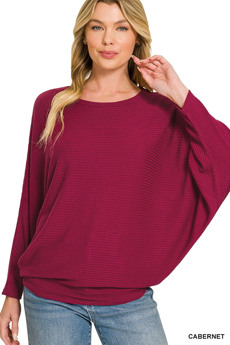 Zenana-RIBBED BATWING LONG SLEEVE BOAT NECK SWEATER